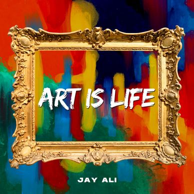 Rahmen mit dem Text ‚Art is Life‘ vor buntem Hintergrund.