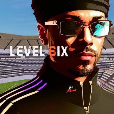Mann mit Sonnenbrille in Stadion, Schriftzug 'LEVEL 6IX'.