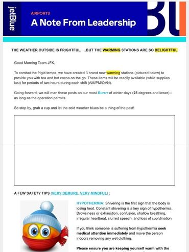 Note from JetBlue about new warming stations for employees.