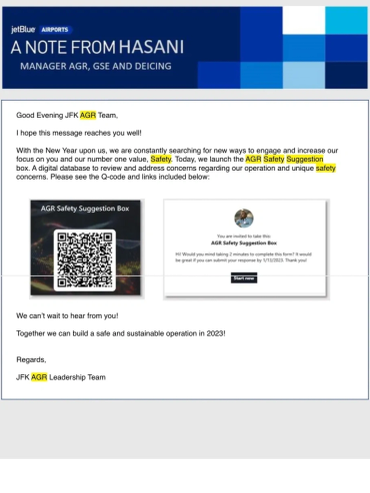 Internal JetBlue memo about AGR safety suggestions and feedback.