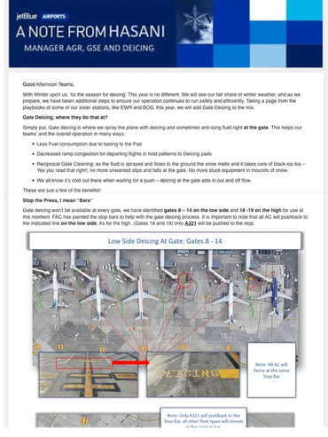 Note from Hasani on gate deicing procedures at JetBlue.