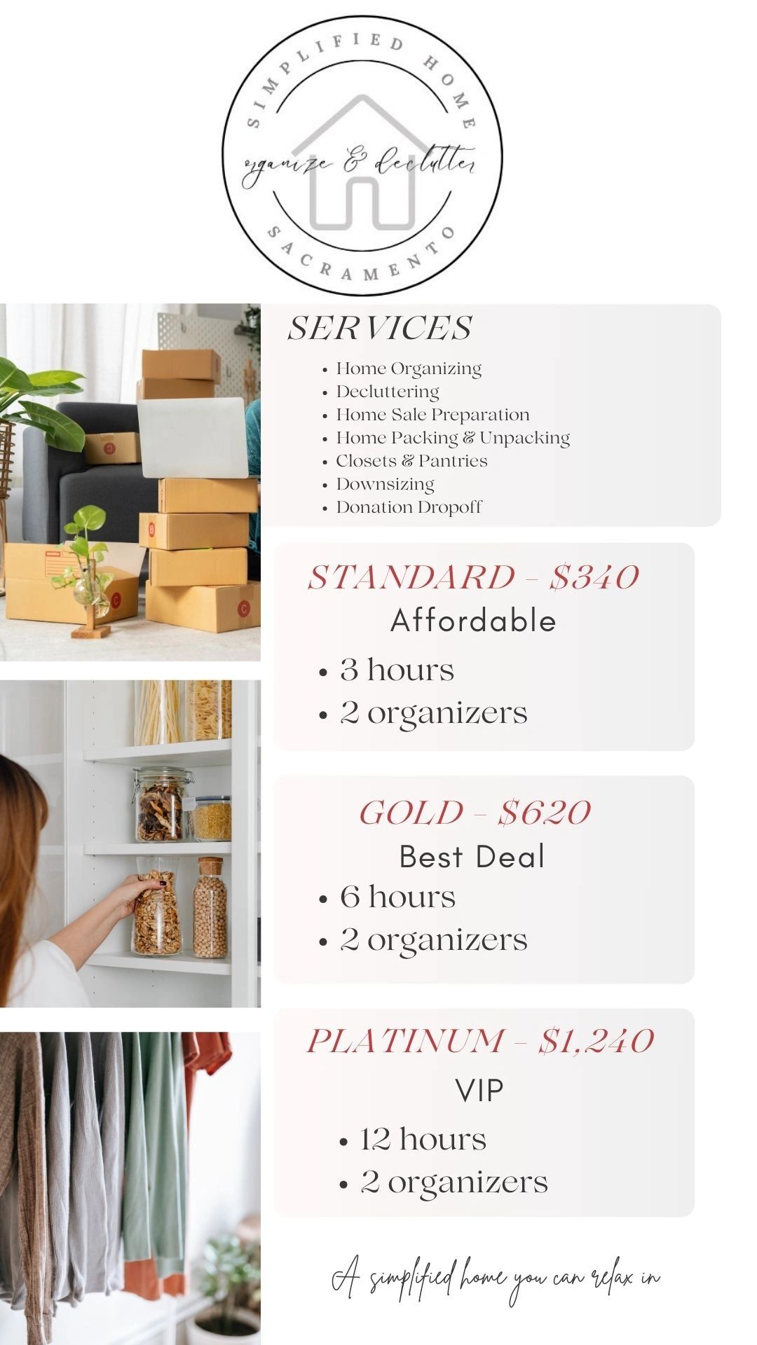 Home organizing and decluttering services and pricing 