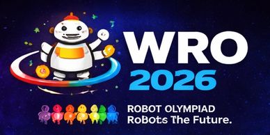 WRO 2026 Robot Olympiad with colorful robot mascot and future theme.