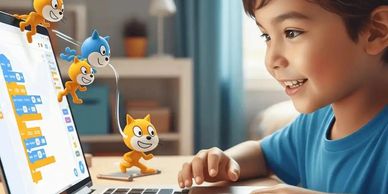 A child joyfully coding on a laptop with animated characters on screen.