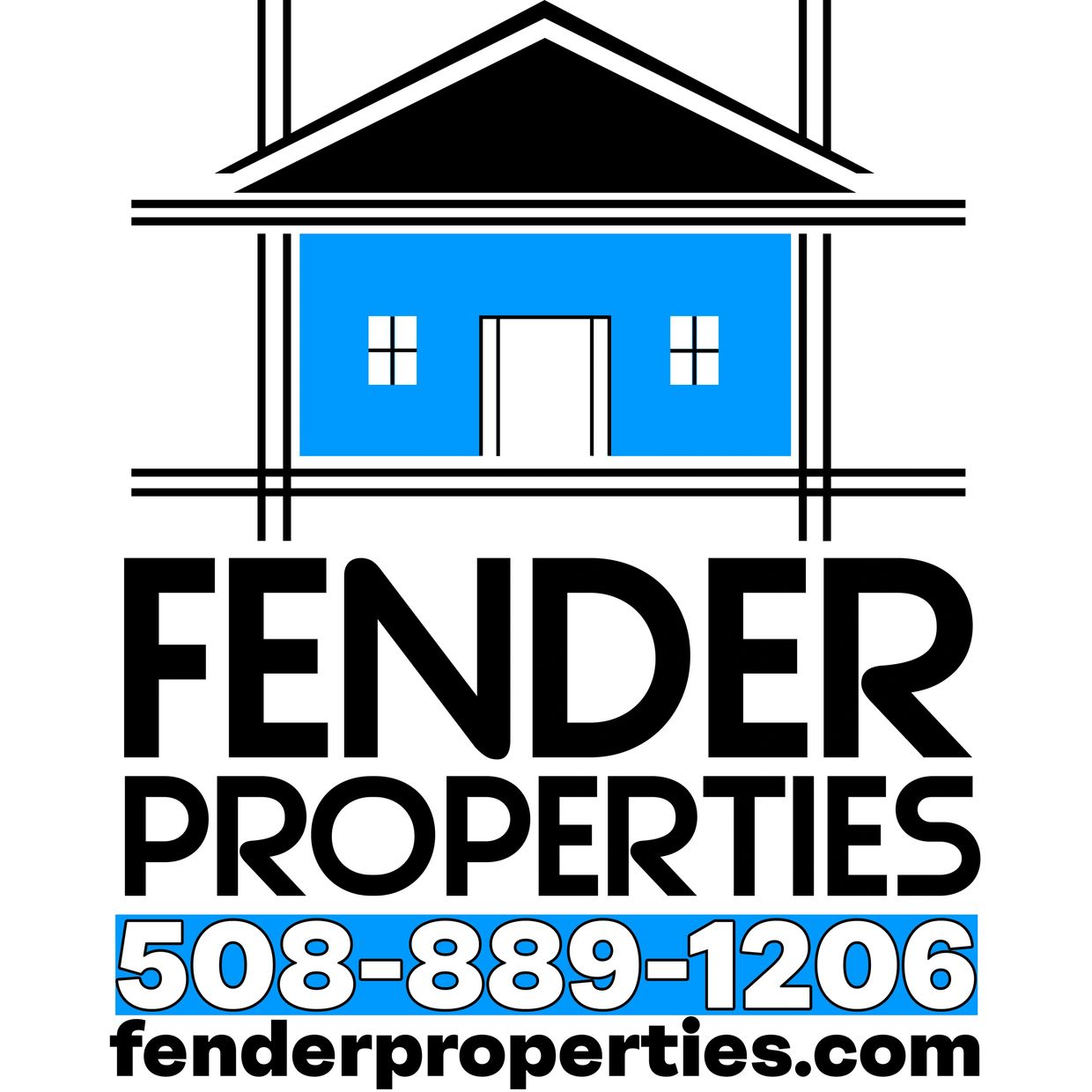 Logo for Fender Properties with a house icon and contact info.