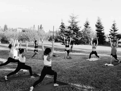 Group of people practicing yoga outdoors in a park.