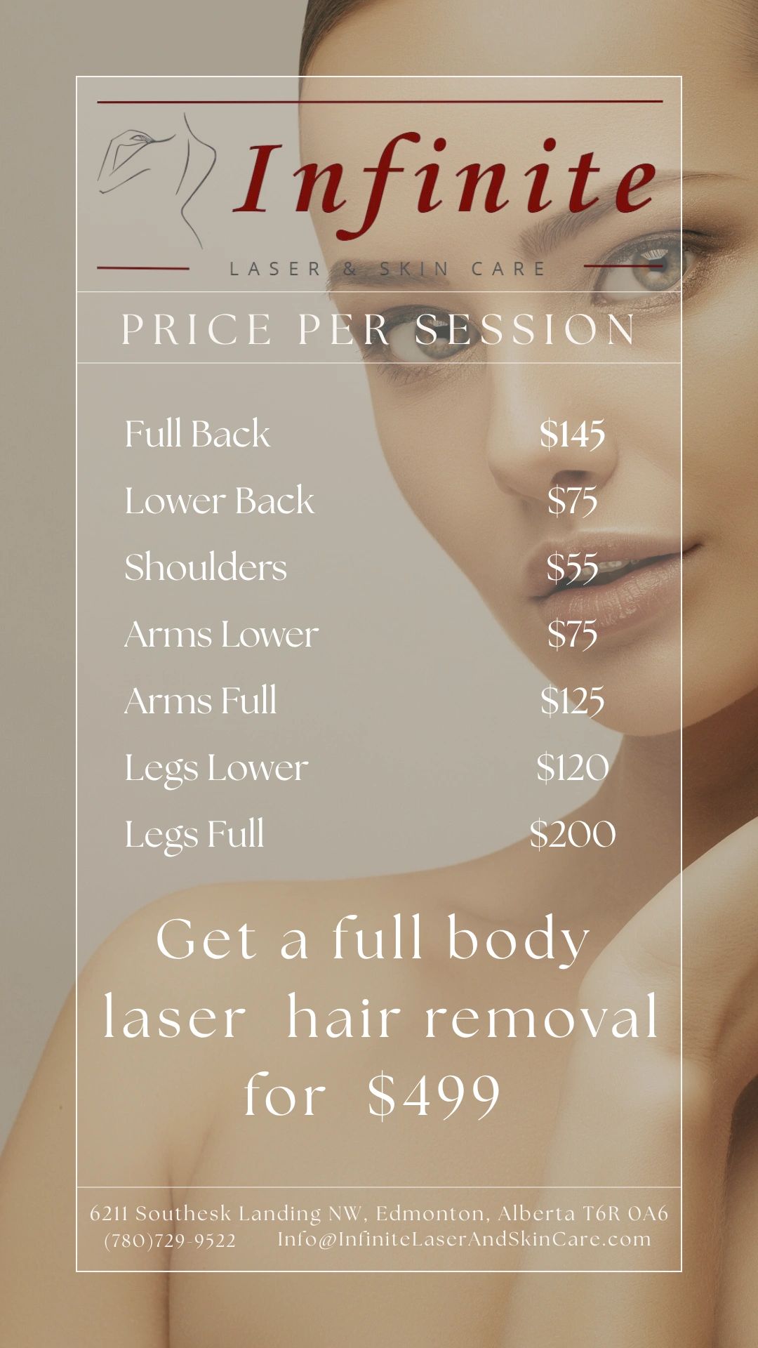 Price list for laser hair removal sessions by Infinite Laser &amp; Skin Care in Edmonton.