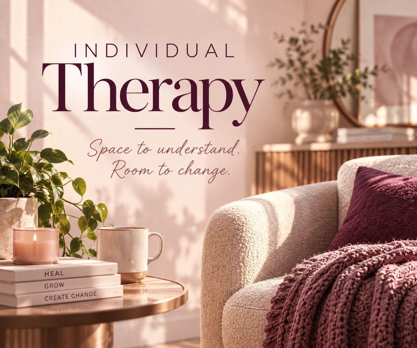Warm therapy office with chair, plants, and Individual Therapy text.