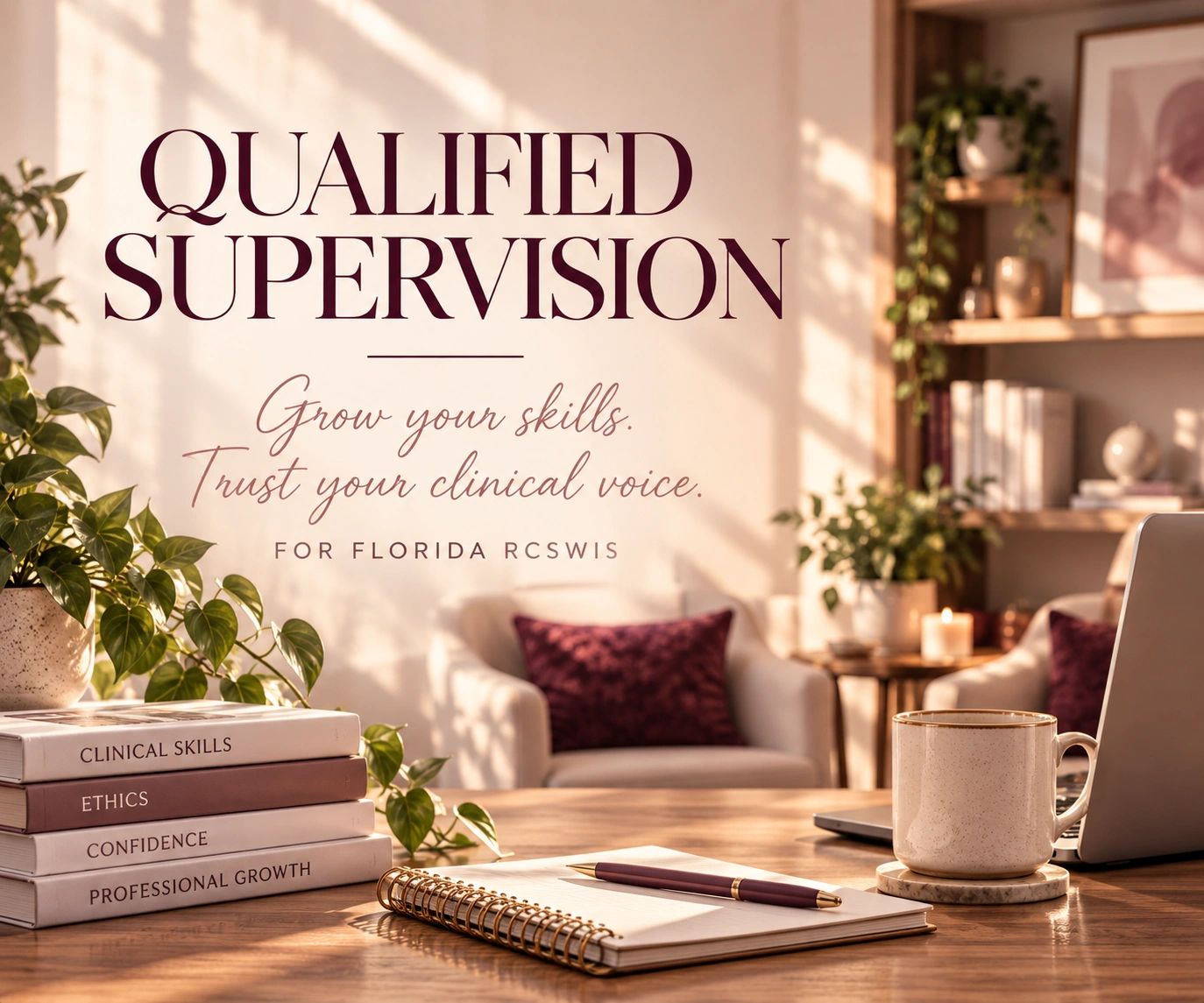 Warm professional office graphic promoting qualified clinical supervision for Florida RCSWIs