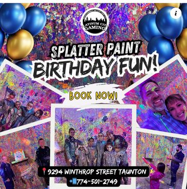 Splatter paint birthday party with colorful walls and smiling kids at Platinum City Gaming. amusement center
paint night