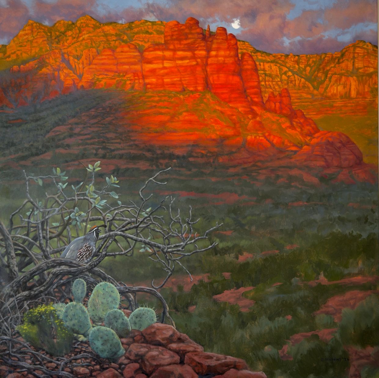 Red rock mountains at sunset with a quail in the foreground.