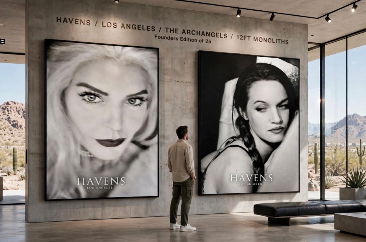 Man observes large black and white portraits in a modern gallery.