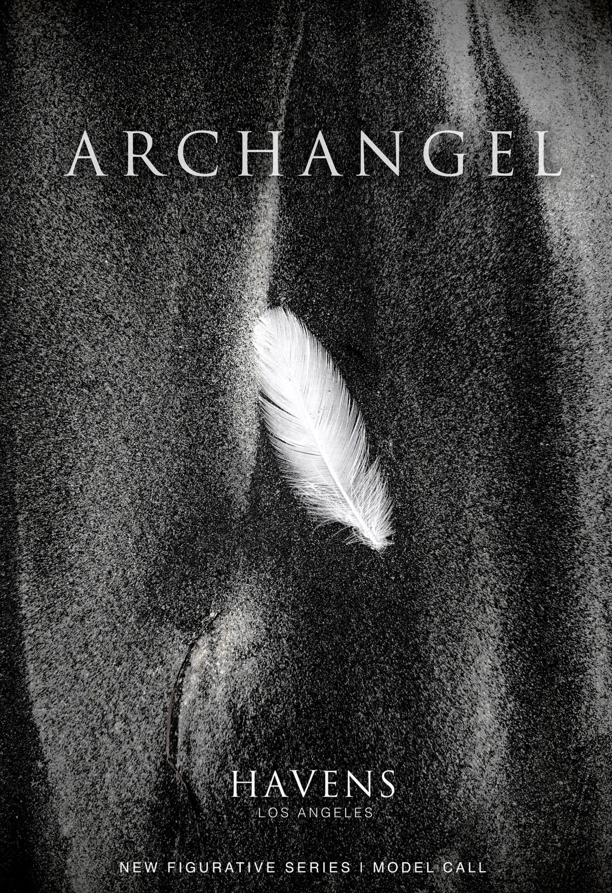 Artistic image with a white feather on a dark textured background.