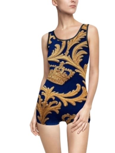 
One piece royal print blue and gold versatile nylon swimsuit, exercise or leisure wear. 
