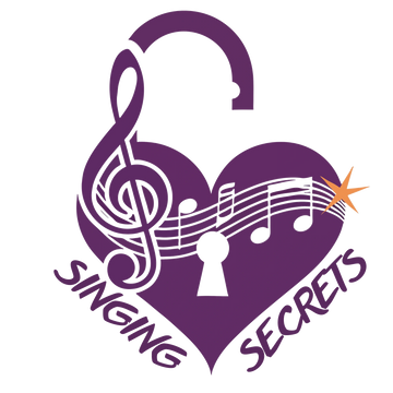 Purple heart with a musical note and keyhole, reading 'Singing Secret'.
