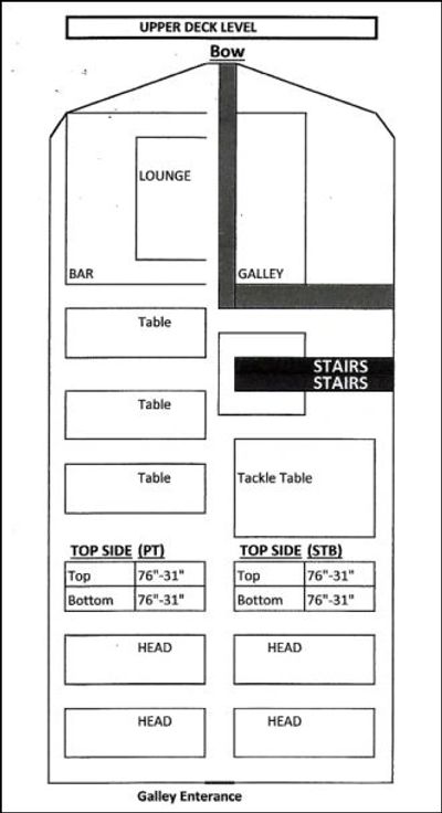 Upper deck level layout showing lounge, bar, tables, galley, and stairs on a boat.