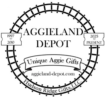 Logo for Aggieland Depot featuring train tracks and company timeline.