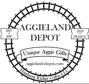 Logo for Aggieland Depot with train track design.