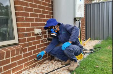 Pest control worker inspecting wall foundation.