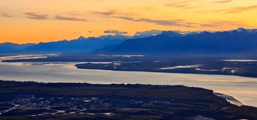 Sky view of mountain river valley at dawn