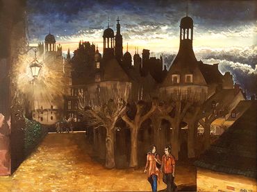 Nighttime painting of a couple walking near a castle