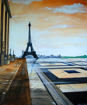 Painting of the Eiffel Tower against an orange evening sky