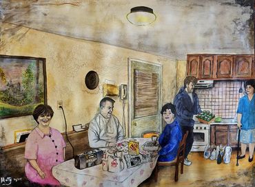 Three people sitting at a table and two people standing