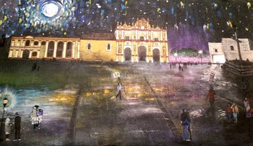 Painting of a cathedral square at night with people walking