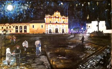 Painting of a cathedral square at night with people standing