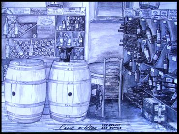 Blue and white ink drawing of a wine cellar in France