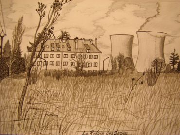 Sepia drawing of a grassy field with a hotel and nuclear plant in the background