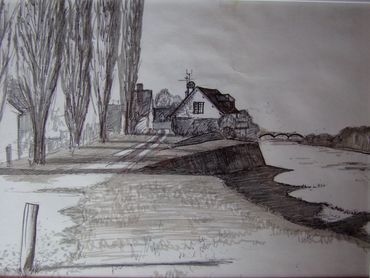 Ballpoint pen sketch of a house on the bank of the Loire River in central France