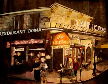 Painting of a Paris cafe at night with a couple walking