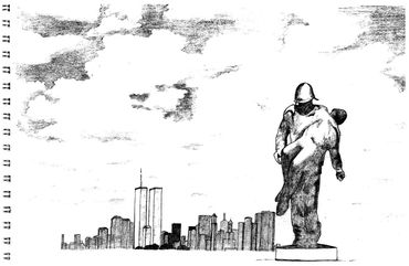 Drawing of one soldier carrying another with the New York city skyline and twin towers in the backgr