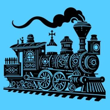 Black vintage steam locomotive illustration on blue background.