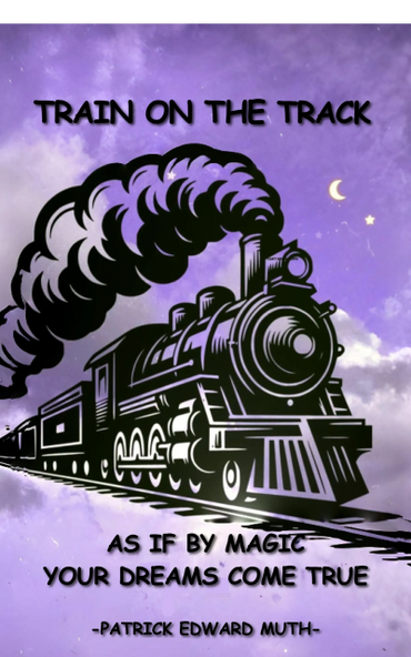 Illustration of a steam train with magical, dreamy background and inspirational text.