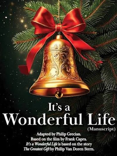 A golden Christmas bell with a red ribbon and pine branches.