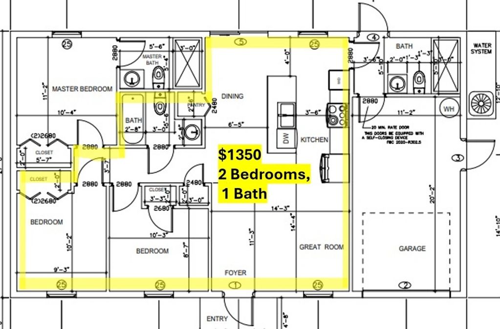 Floor plan of a $1350 apartment with 2 bedrooms and 1 bath.