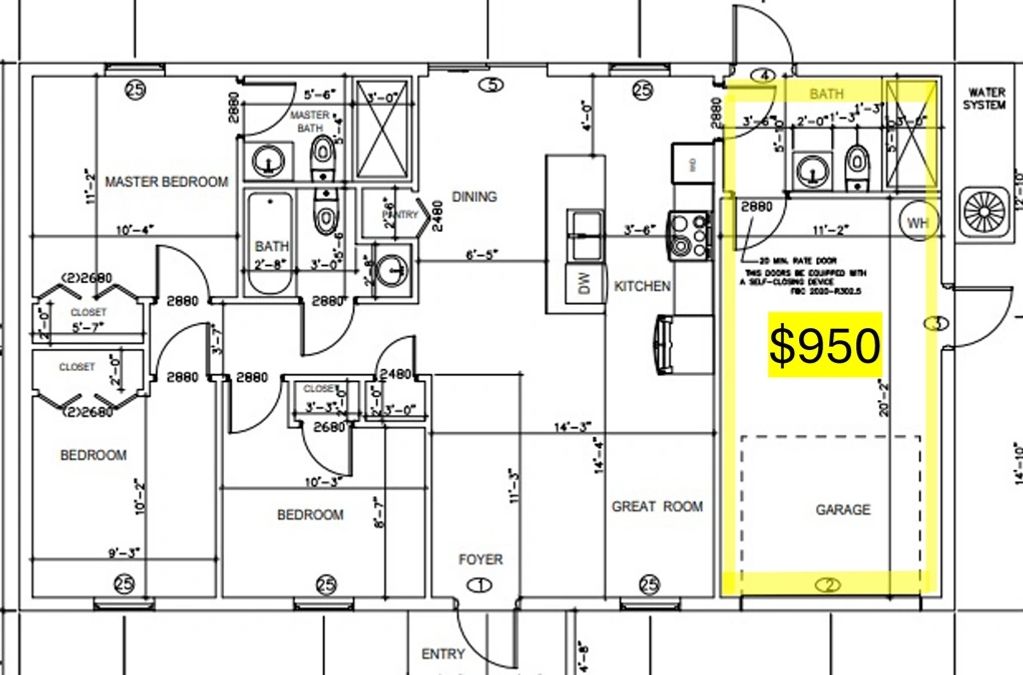Highlighted garage area with a $950 price tag in a house floor plan.