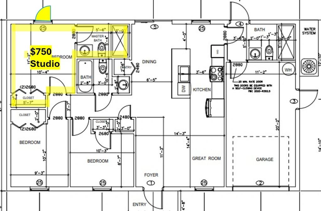 Floor plan highlighting a $750 studio apartment with labeled rooms and dimensions.