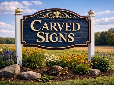 Elegant carved wooden sign displayed outdoors with flowers and a turtle nearby.