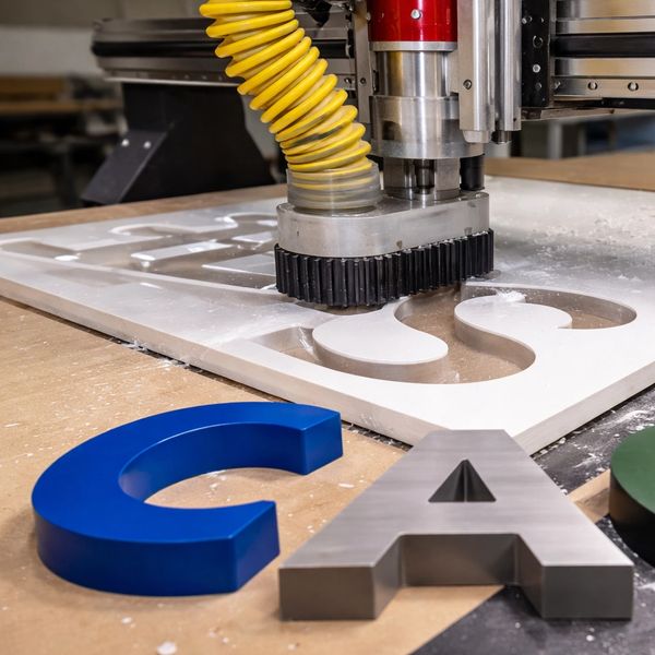 CNC machine cutting a letter from a sheet with colorful letters in foreground.