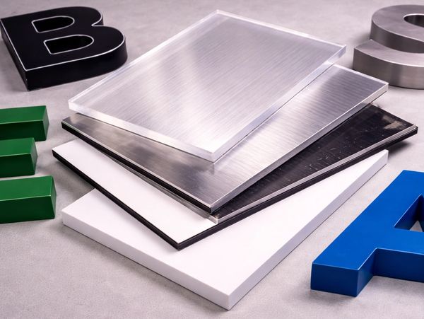 Stack of metal and acrylic sheets with colorful letter blocks around.