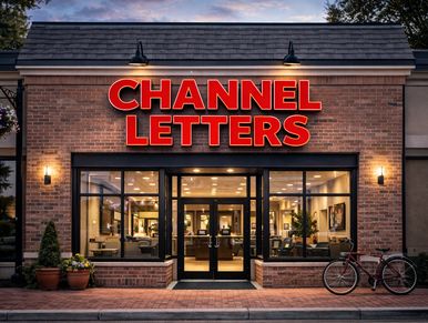 Storefront with bright red Channel Letters sign on brick building.