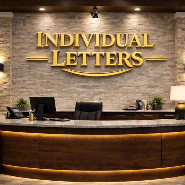 Reception area with a sign reading 'Individual Letters' in gold letters.