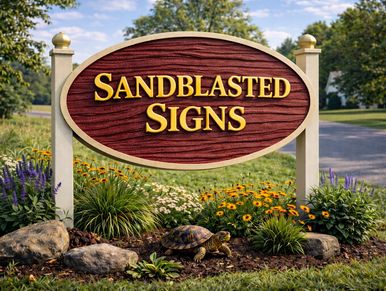 A wooden sign reading 'SANDBLASTED SIGNS' in a garden setting.