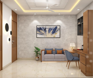 Modern living room with gray sofa, wooden furniture, and blue accents.