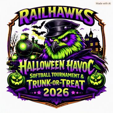 Colorful Railhawks Halloween softball and trunk-or-treat event logo for 2026.