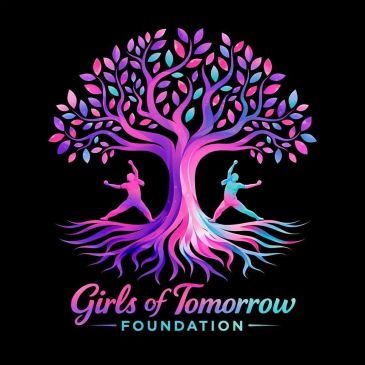 Colorful tree with girls doing yoga, Girls of Tomorrow Foundation logo.