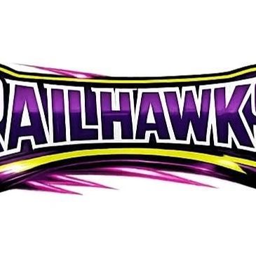 Logo with text "RAILHAWKS" in purple and white.